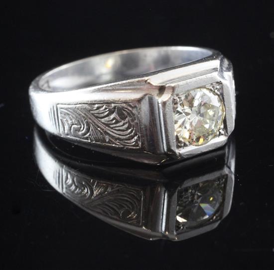 A 1940s 18ct white gold and solitaire diamond ring, size O.